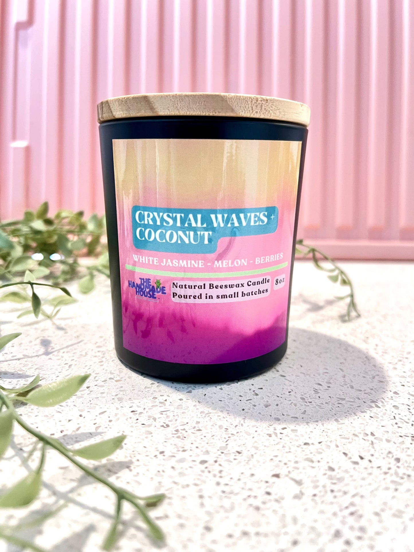Natural beeswax candle in reusable vessel, Crystal Waves + Coconut scent, featuring white jasmine, melon, and berries; 8oz.
