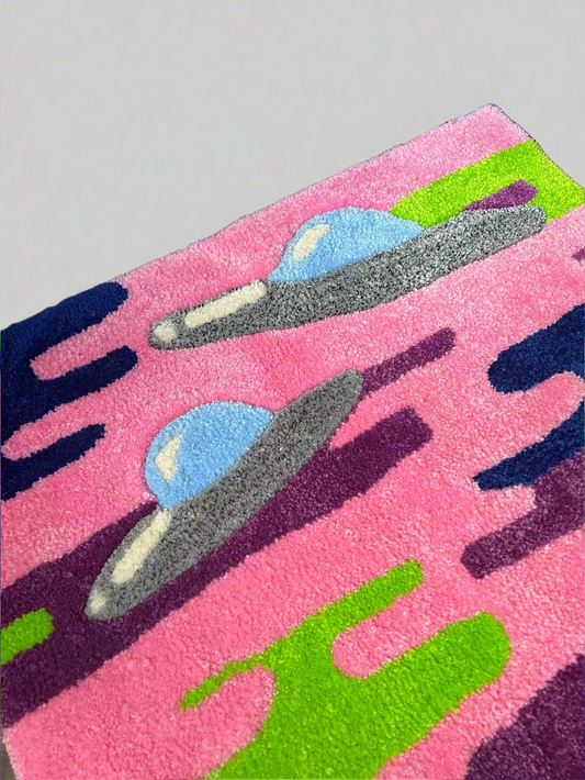 Colorful rug featuring a UFO design with vibrant patterns.
