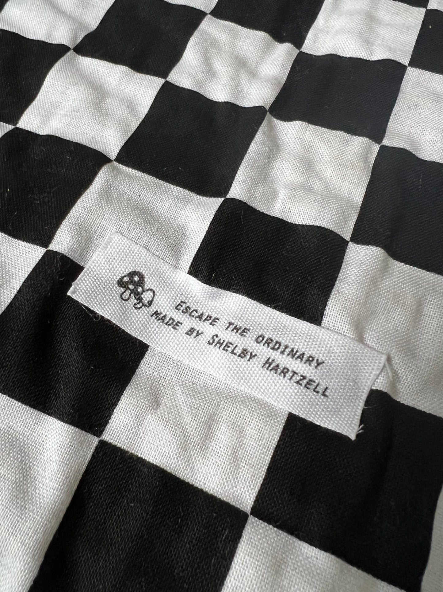 Checkered UFO-themed rug with "Escape the Ordinary" label made by Shelby Hartzell.