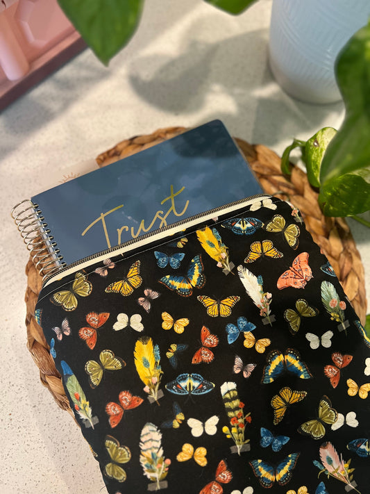 Cute butterfly print large book sleeve for protecting books, fits up to 1000 pages, handmade quilted cotton.