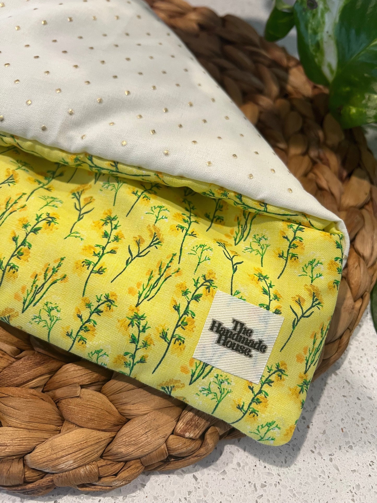 Yellow flower large book sleeve with zip, cotton quilted design, perfect for hardcover books up to 1000 pages.