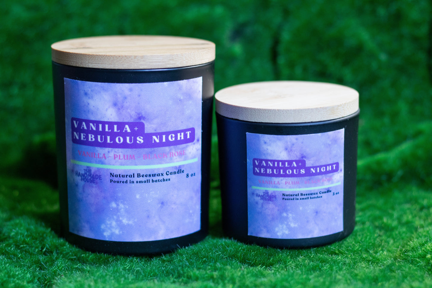 Vanilla + Nebulous Night Beeswax Candle in 8oz and 3oz sizes with wooden lids.