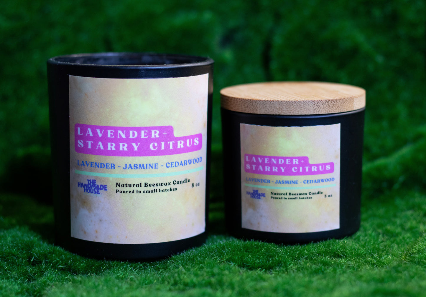 Lavender + Starry Citrus Beeswax Candle with wooden lid in 8oz and 3oz sizes on green background.