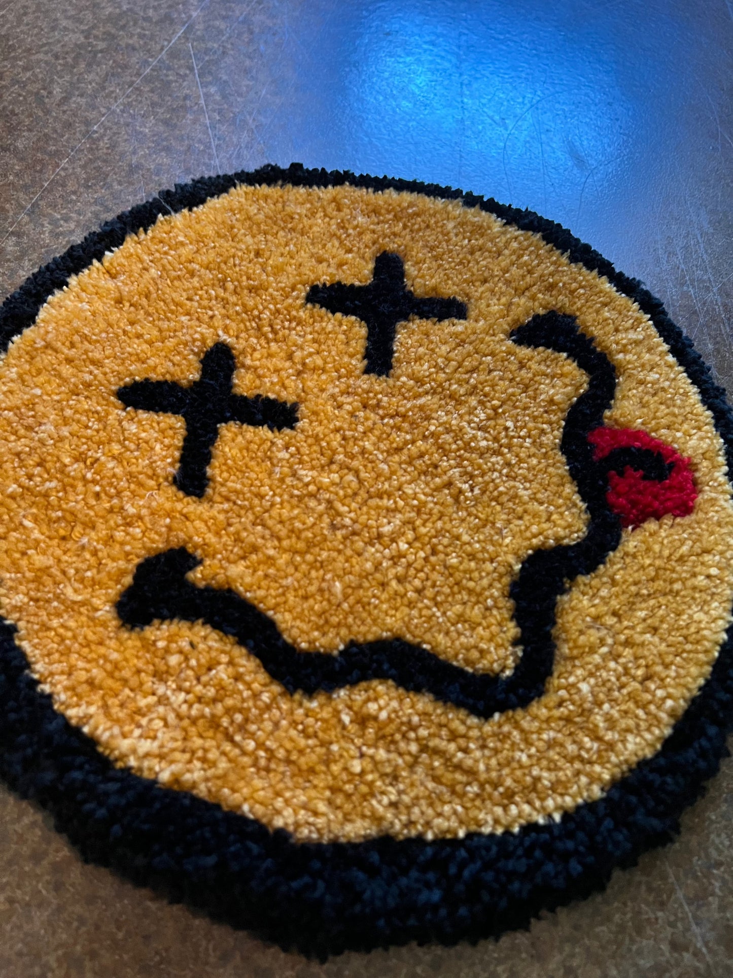 Classic Smiley Face rug design, size 12x12 inches.