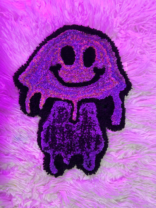 Purple mushroom rug with smiley face, Drop 2 design.