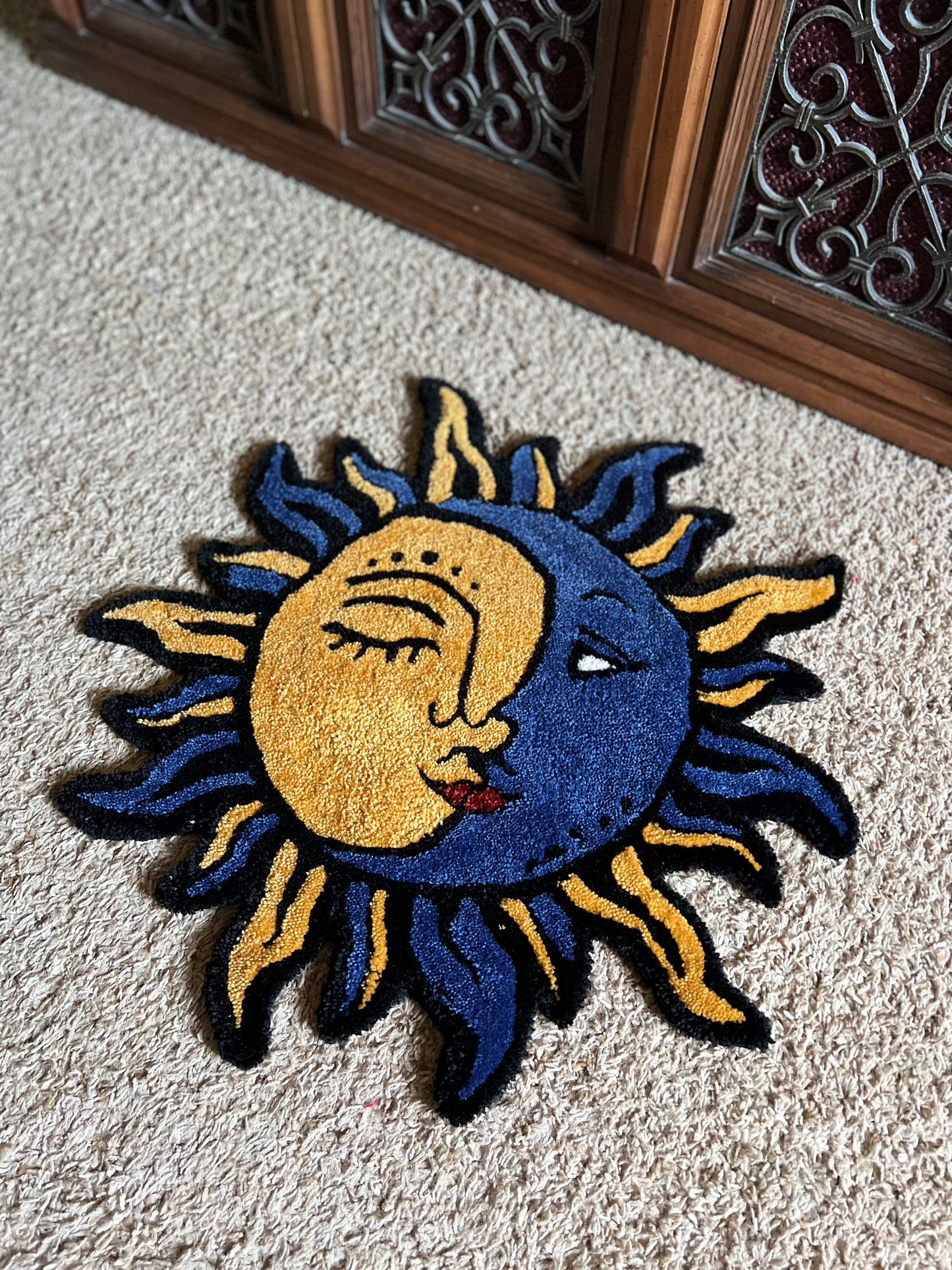 Sun and moon design rug, 27x27 inches, Drop 1 theme.