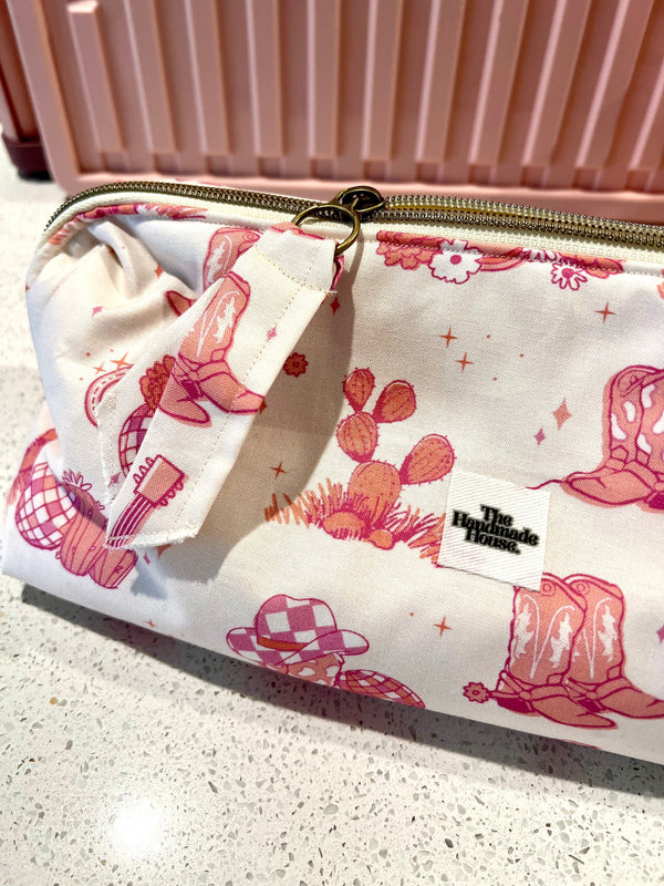 Pink Cowgirl Pouch with Western Print, Zipper Closure