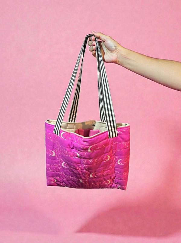 Moon and stars quilted pink tote bag 