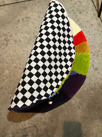 Colorful checkered rug 'Drop 3: Skyline', size 27x27, with rainbow design.