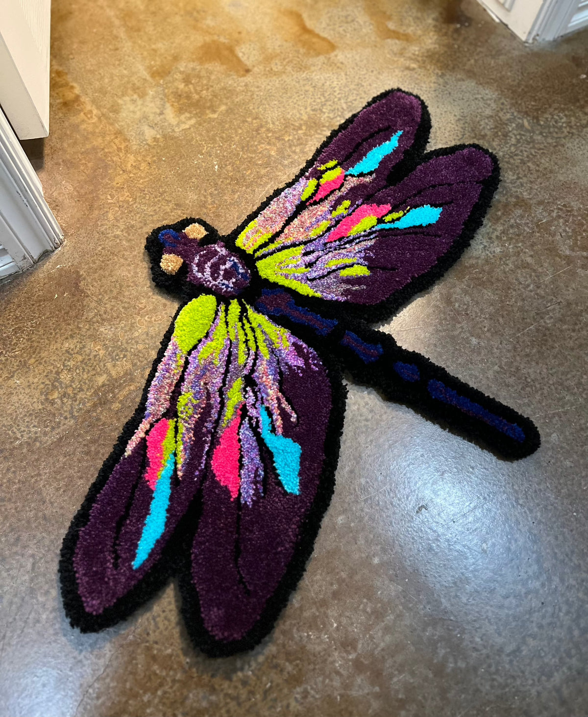 Custom dragonfly rug, vibrant colors, 29x19 inches, artistic design.
